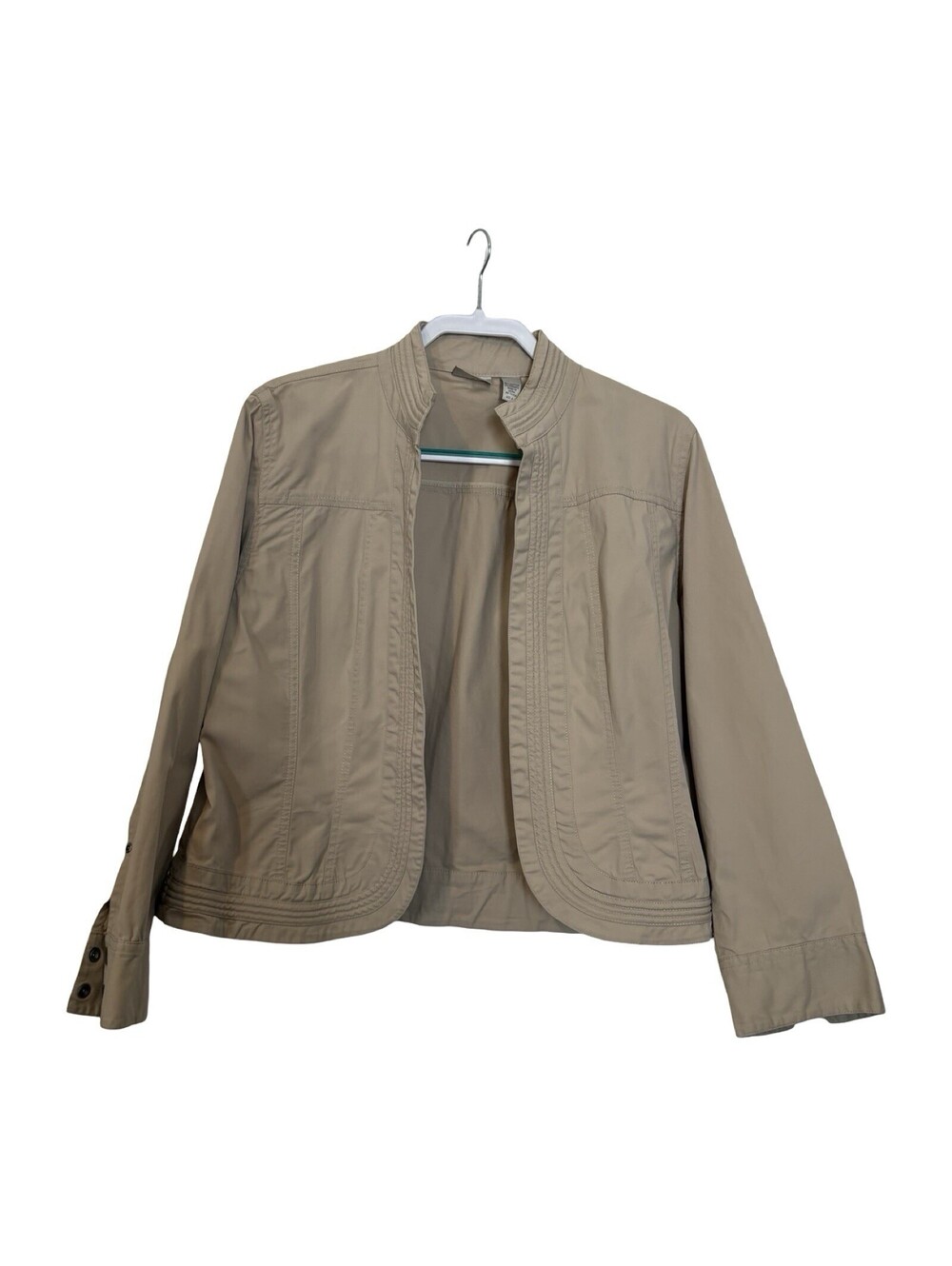 Chicos Jacket Womens 2 Beige Cotton Blend Open Front Collarless Long Sleeve